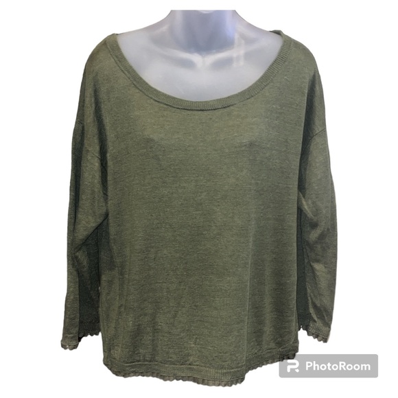 J. Crew Women Military Green Linen Scoop Neck Sweater with Lace Trim Size Large - Picture 1 of 12